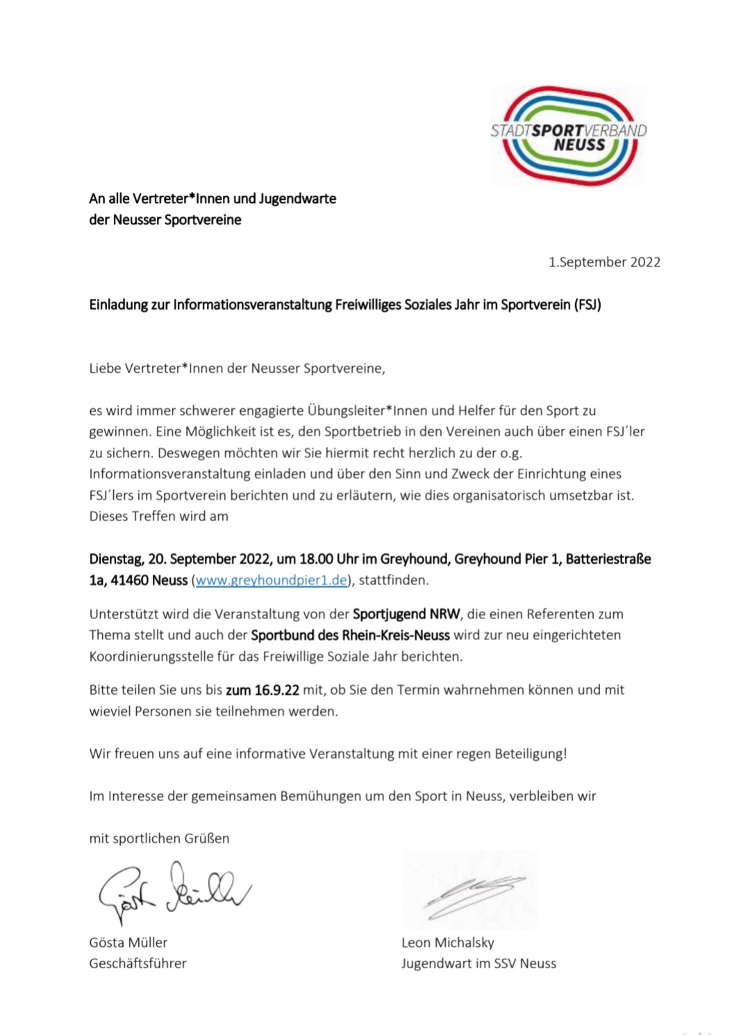 Einladung zur Informationsveranstaltung Freiwilliges Soziales Jahr im Sportverein (FSJ)